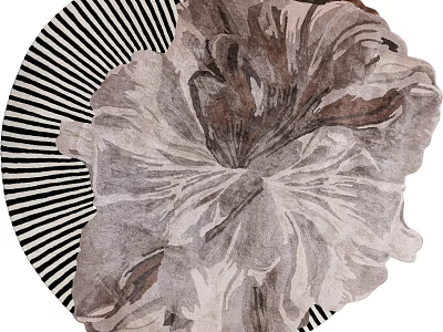 Stylish Floral Pattern Round Carpet Featuring Black White Stripes Design 3d model