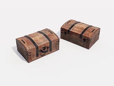 Two Vintage Brown Wooden Chests With Black Straps And Lock Details 3d model