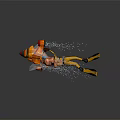 Woman in Yellow Diving Suit With Copper Helmet Orange Jetpack Splashing White Particles Dark Background