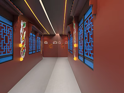 Elegant Chinese Style Clubhouse Corridor With Red Walls Blue Lattice Windows And Traditional Paintings 3d model