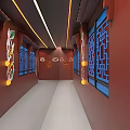 Elegant Chinese Style Clubhouse Corridor With Red Walls Blue Lattice Windows And Traditional Paintings