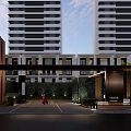 Modern Landscape Design with Tall Columns Lush Trees Pathway and Lighting Under Modern Buildings