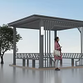 Modern Gray Garden Pavilion With Open Structure Bench And Small Tree