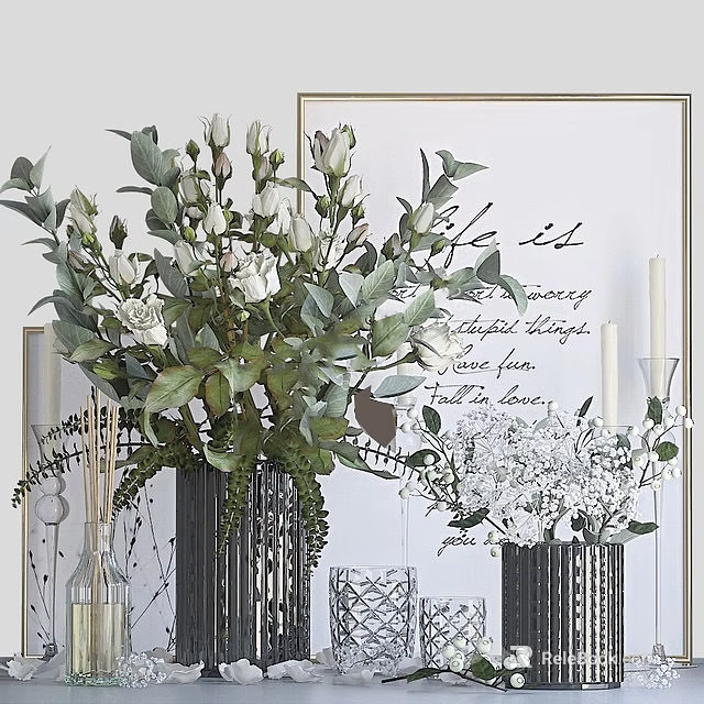 Elegant Decorative Ornament Set With White Flower Bouquet Green Plants Vases Picture Frame And Candles 3d model 