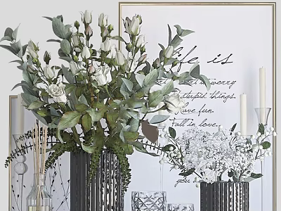 Elegant Decorative Ornament Set With White Flower Bouquet Green Plants Vases Picture Frame And Candles 3d model