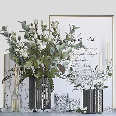 Elegant Decorative Ornament Set With White Flower Bouquet Green Plants Vases Picture Frame And Candles 3d model
