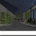 Nighttime Illuminated Indoor Courtyard With Glass Roof Stone Floor Green Plants And Lanterns