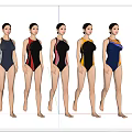 Stylish Women In Different Colored One Piece Swimsuits Standing In Row