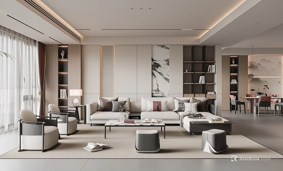 Modern Minimalist Living And Dining Area With Sofa And Bookshelves 3d model 