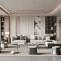 Living Room Sofa Coffee Table Combination Single Leisure Chair Sofa Background Wall Table Lamp Sideboard Dining Table and Chair Chandelier Book Accessories 3d model
