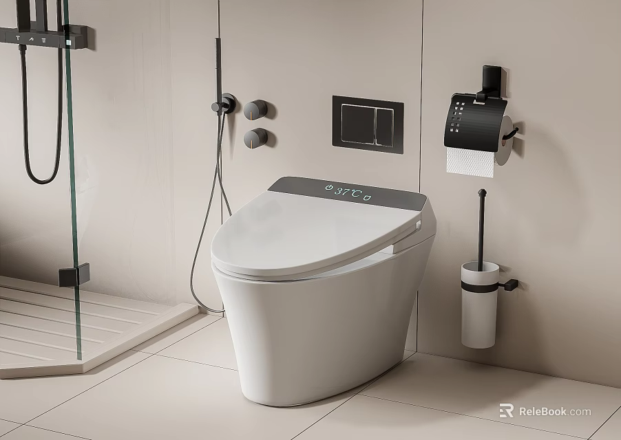 Smart Modern White Toilet In Sleek Contemporary Bathroom With Digital Panel 3d model 