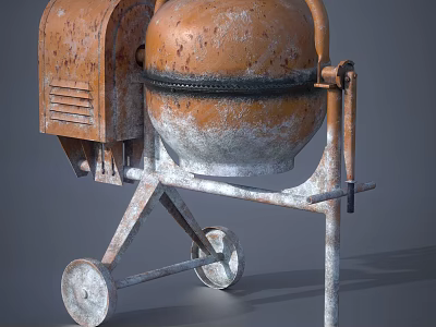 Rusty Old Fashioned Concrete Mixer With Metal Stand And Wheels 3d model