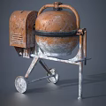 Rusty Old Fashioned Concrete Mixer With Metal Stand And Wheels