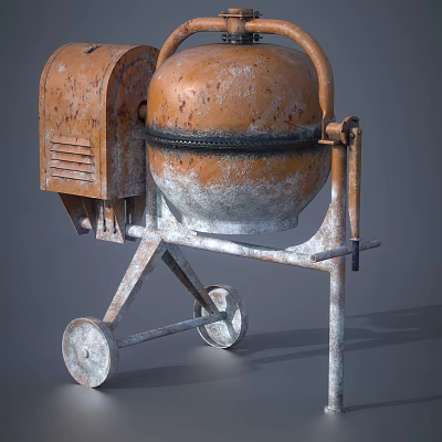 Rusty Old Fashioned Concrete Mixer With Metal Stand And Wheels 3d model
