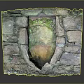 Natural Garden Landscape With Moss Covered Stone Pillar And Cracked Stone Pavement