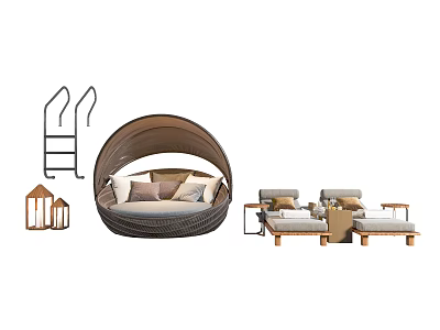 Outdoor Leisure Woven Rattan Sofa and Coffee Table Set with Beige Cushions and Wooden Frame 3d model