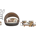 Outdoor Leisure Woven Rattan Sofa and Coffee Table Set with Beige Cushions and Wooden Frame