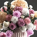Pink Striped Vase With Pink White And Beige Peonies Roses For Home Decoration