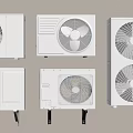 Six White Air Conditioner Fans With Circular Blades In Two Rows Three Columns Light Brown Background