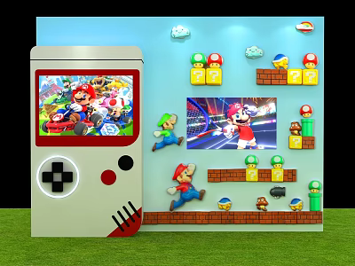 Mario Themed Game Room With Classic Console Wall Decor And Character Figurines 3d model