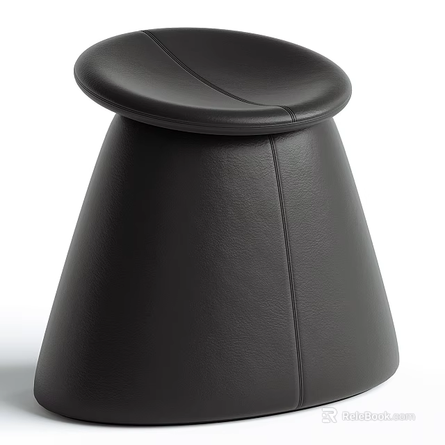 Black Leather Stool With Round Seat Conical Base And Stitched Design 3d model 