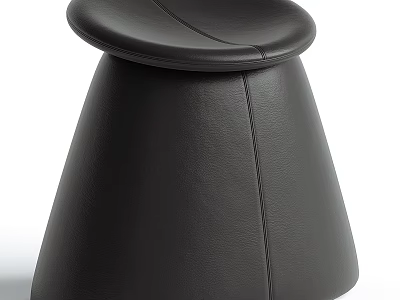 Black Leather Stool With Round Seat Conical Base And Stitched Design 3d model