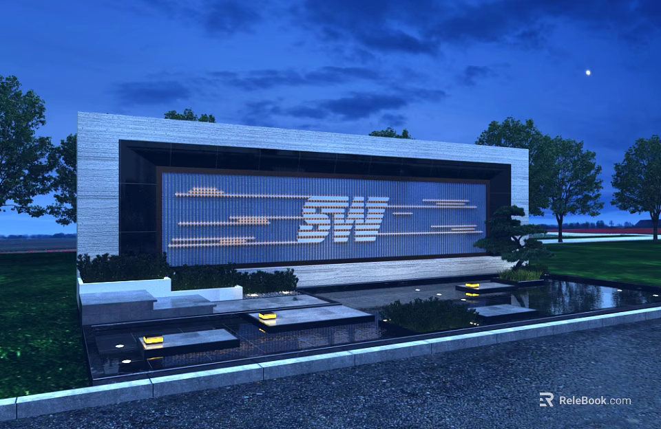 Modern Feature Wall Design With Illuminated Patterns Stone Texture And Water Features At Night 3d model