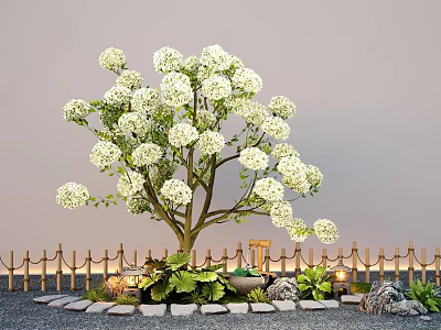 Lush Tree with White Flowers and Green Plants near Wooden Fence and Stone Path 3d model Lush Tree with White Flowers and Green Plants near Wooden Fence and Stone Path 3d model