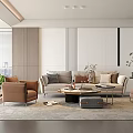 Modern Living Room Interior With TV Wall White Gray Cabinetry Brown Chair And Coffee Table