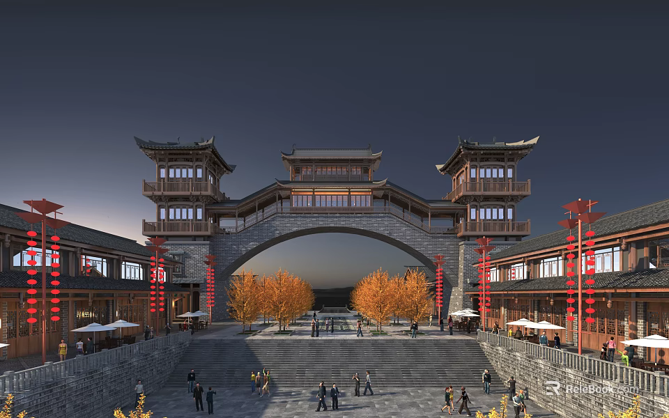 Traditional Chinese Entrance Gate With Archway Red Lanterns Stone Steps And Autumn Trees 3d model 