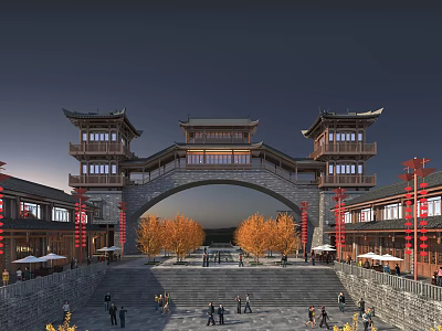 Traditional Chinese Entrance Gate With Archway Red Lanterns Stone Steps And Autumn Trees 3d model