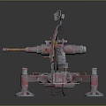 Red Mechanical Vehicle With Cannon Barrel And Four Wheeled Metal Stand Structure