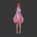 3D Female Character Design With Pink Dress Braided Hair Puffy Sleeves And Purple Heels 3d model