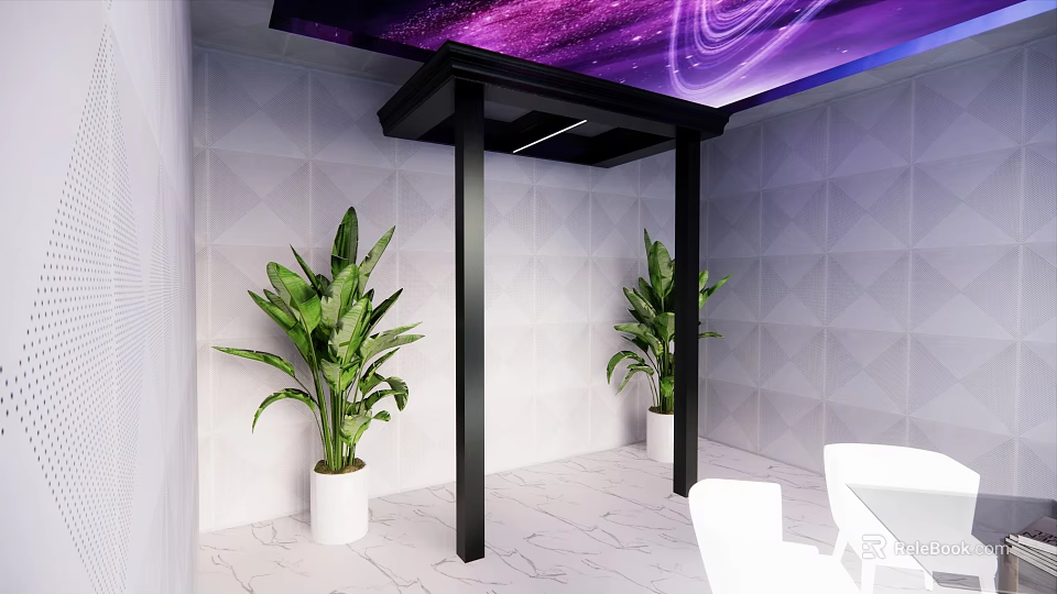 Black Column In Modern Interior With Purple Starry Ceiling White Geometric Wall And Green Plants 3d model 