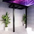 Black Column In Modern Interior With Purple Starry Ceiling White Geometric Wall And Green Plants