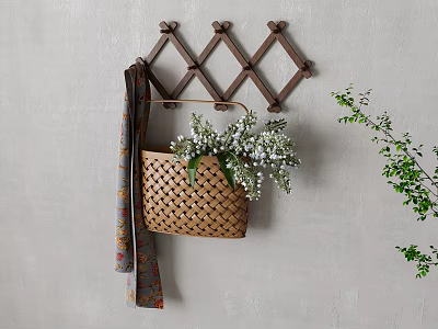 Wooden Wall Hanger with Diamond Design Woven Basket White Flowers Green Leaves and Patterned Towel 3d model