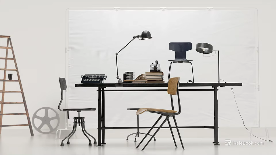 Modern Desk With Typewriter Books Table Lamp And Chairs In Minimalist Setup 3d model 