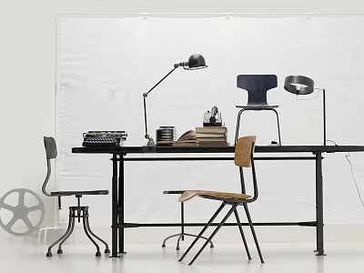 Modern Desk With Typewriter Books Table Lamp And Chairs In Minimalist Setup 3d model