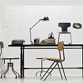 Modern Desk With Typewriter Books Table Lamp And Chairs In Minimalist Setup