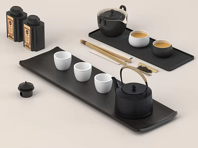 Minimalist Ceramic Tea Set With Black Teapot White Teacups Tray And Tea Caddies 3d model