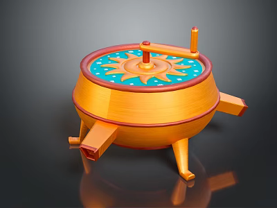 Decorative Orange Three Legged Item With Sun Pattern Top And Wooden Texture 3d model