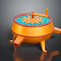 Decorative Orange Three Legged Item With Sun Pattern Top And Wooden Texture