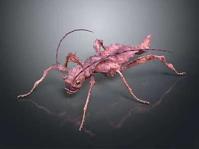 Stick Insect 3D Model with Leaf Like Texture Long Antennae Multiple Legs and Reflective Surface 3d model