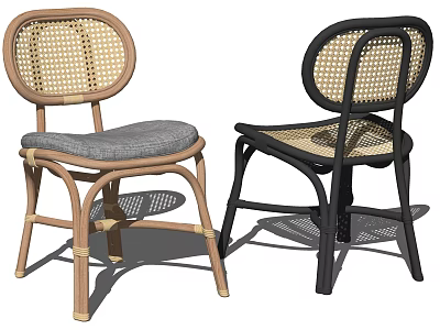 Two Light Brown and Black Leisure Chairs with Rattan Backrest Gray Cushioned and Woven Seats 3d model