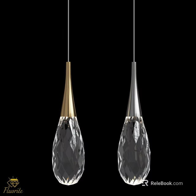 Two Pendant Lights With Golden And Silver Tops Transparent Crystal Material Water Drop Shape Design 3d model 