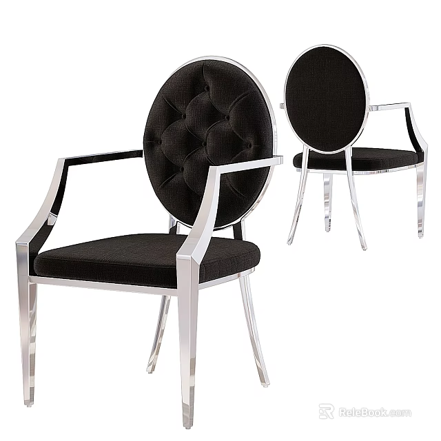 Modern Single Armchair with Tufted Black Upholstery and Silver Metal Frame Round Backrest 3d model 