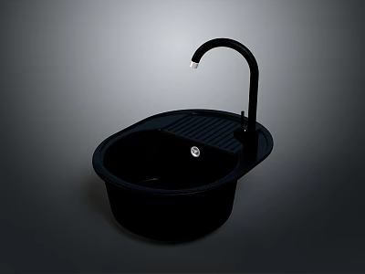 Stylish Black Kitchen Sink Furniture With Modern Faucet And Drainboard Design 3d model