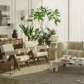 Modern Living Room With Beige Sofa Chairs Marble Coffee Table Green Plants And Large Windows