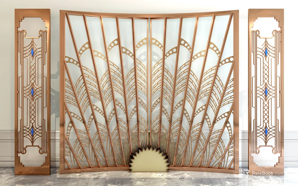 Elegant Art Deco Room Partition With Metal Frame Glass Panels And Intricate Patterns 3d model 
