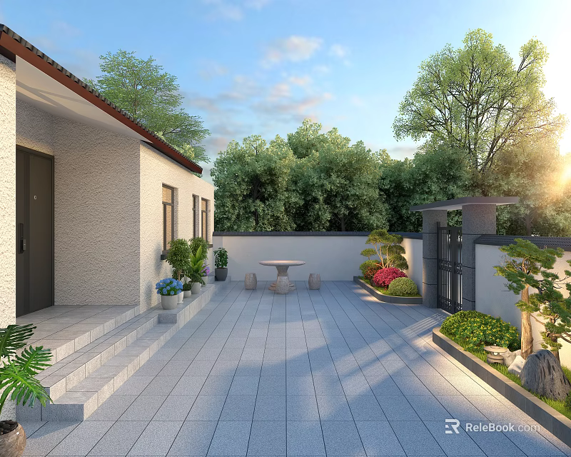 Modern Courtyard Garden Landscape With Stone Pavement Green Plants Outdoor Table Chairs And Flower Beds 3d model 